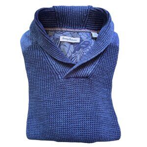 Tommy Bahama Mens Size XL‎ Tuck Knit Shawl Collar Pullover Sweater Blue Cotton